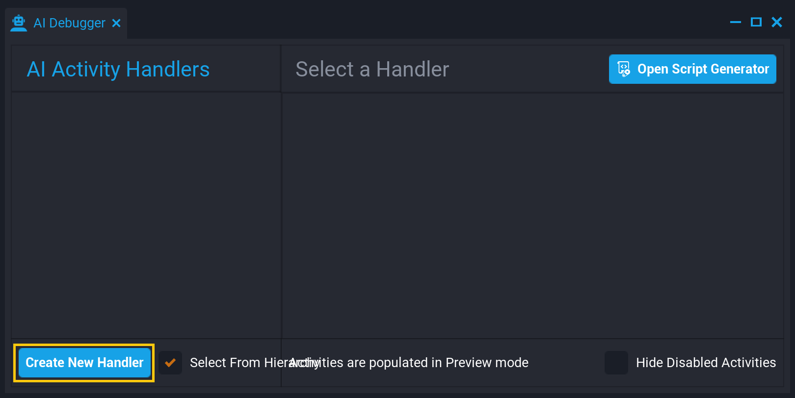 Create New Handler button in AI Debugger