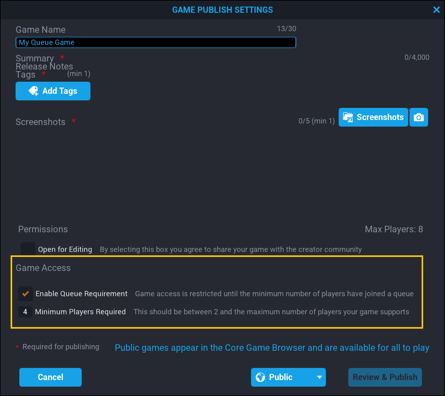 Enable Queue Requirements in Publish Menu