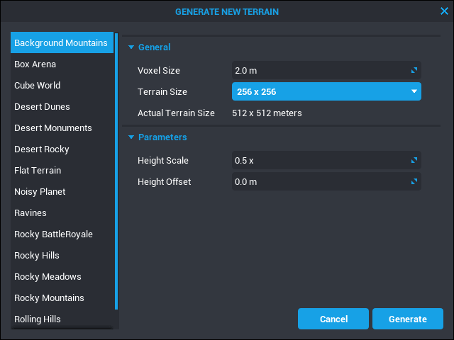 Generate New Terrain Menu